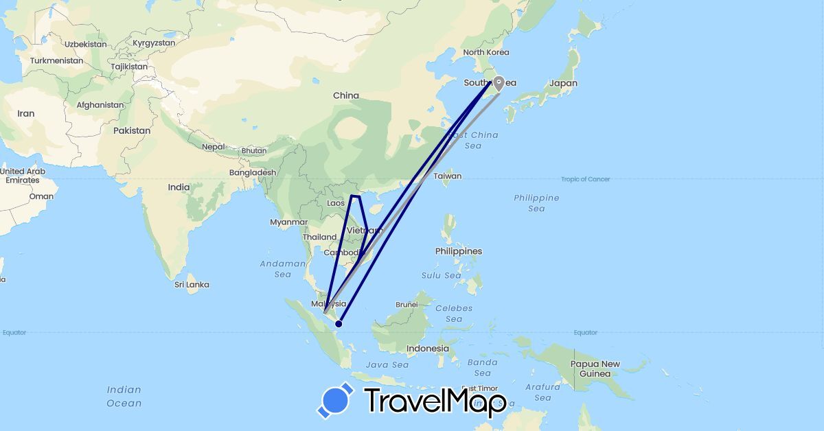 TravelMap itinerary: driving, plane in South Korea, Malaysia, Singapore, Vietnam (Asia)